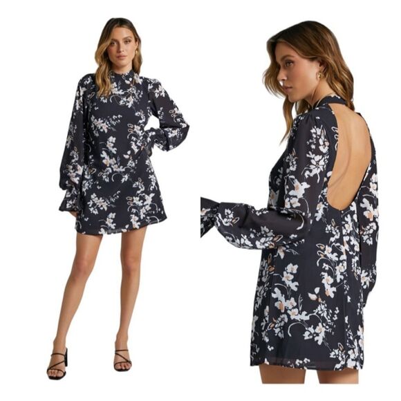 NWT Free People Black Floral Open Back Aries Mini Dress Or Tunic Size Large - Picture 6 of 11